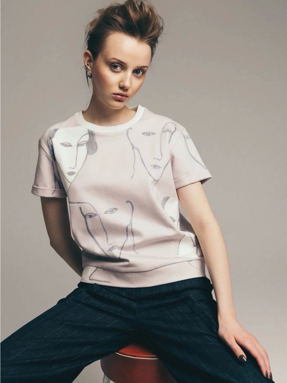 Julia Allert Pale Pink Short Sleeve Face-Print Top